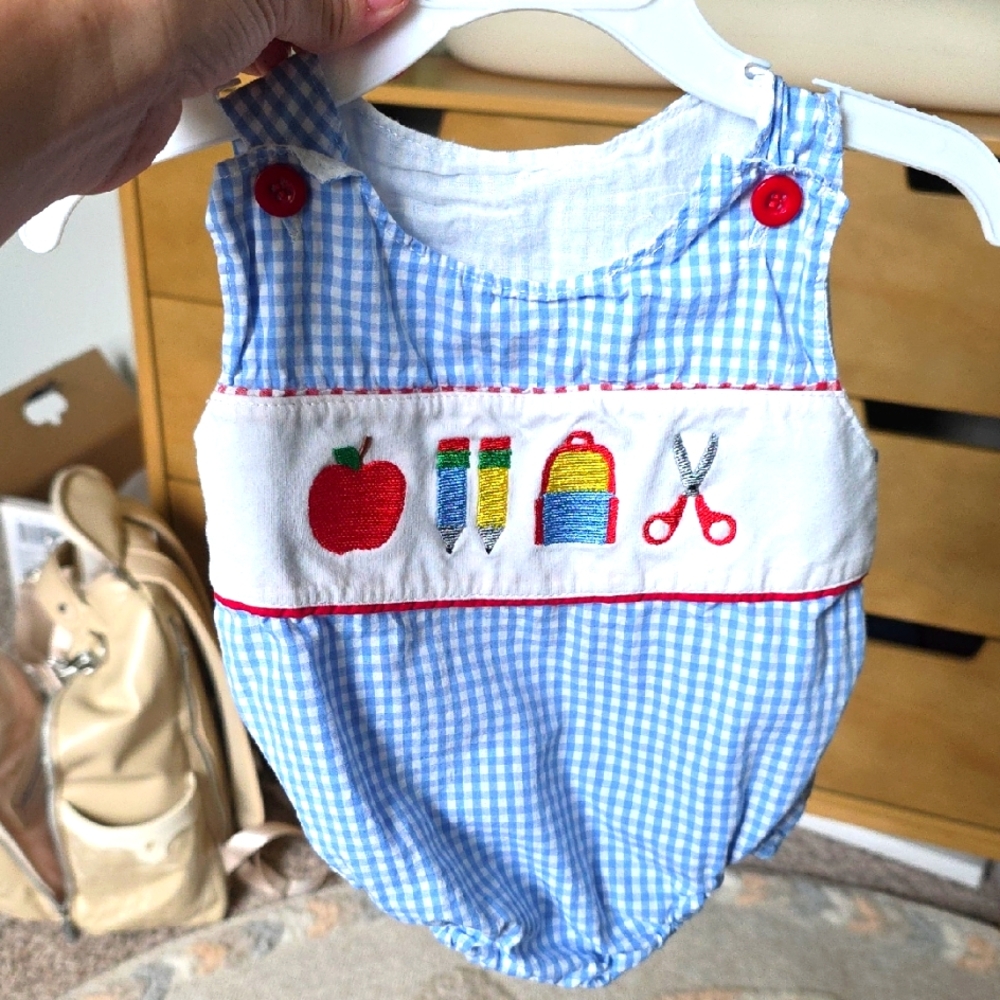 Blue Gingham Baby Romper with Embroidered Design "Back To School" Size 6-12M EUC